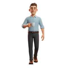 man walking with coffee cup, relaxed posture