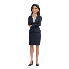 a businesswoman standing thoughtfully with hand on chin, professional outfit, confident yet relaxed pose