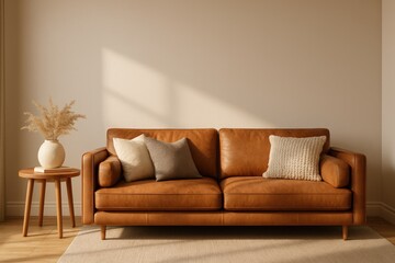 Tan leather sofa with decorative pillows and a side table with a vase of dried grass