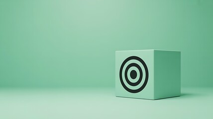 Precision focus abstract target symbol on a minimalist green cube representing goals and strategy
