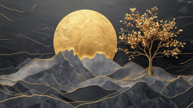 3D luxury wall art decoration, a golden tree with leaves on the right side of the circle, a black and gray background. Generative AI