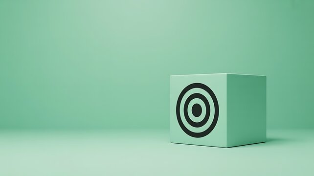 Precision focus abstract target symbol on a minimalist green cube representing goals and strategy