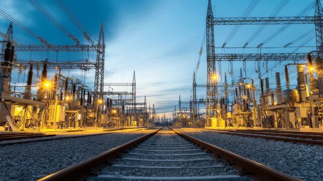 Electric substation at dusk with lines and equipment under a dramatic sky
