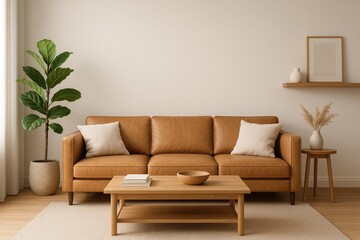 Warm Living Room with Tan Sofa, Coffee Table, and Fiddle Leaf Fig Plant interior home