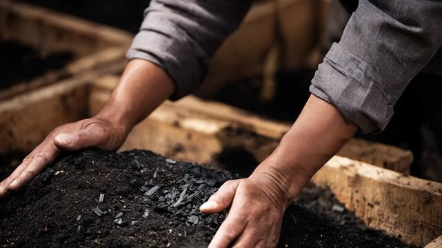 Closeup medium shot of biochar being mixed into fertile soil illustrating carbonrich amendments role in improving microbial health and soil structure.