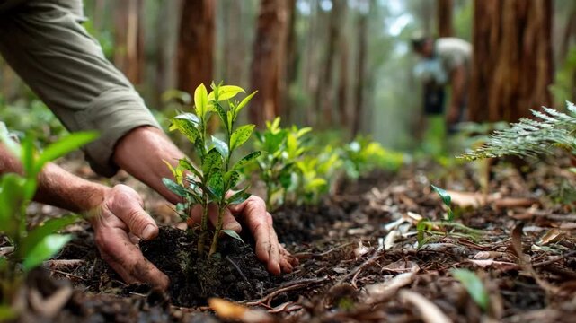 Medium shot of hands carefully planting young shrubs beneath towering trees showcasing meticulous understory restoration efforts in a forest environment.