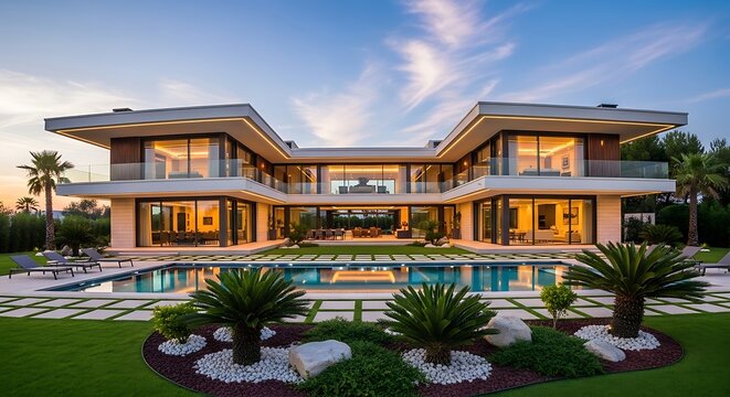 Luxurious Modern Mansion with Infinity Pool at Sunset.