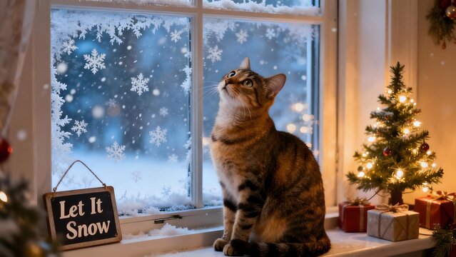 A peaceful holiday scene with a cat and the "Let It Snow" sign, perfect for promoting winter home decor, cozy products, and holiday greetings.