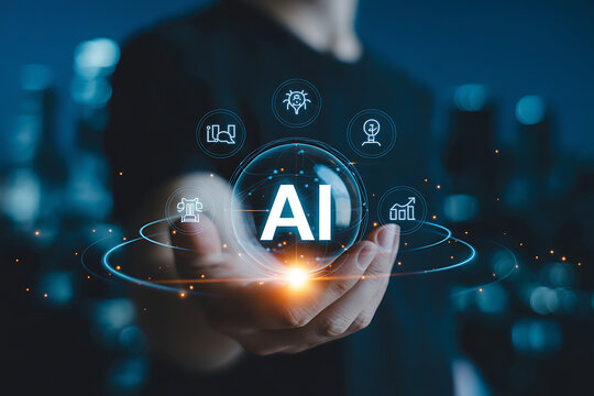 Hand holding a glowing sphere with ai and digital icons, representing artificial intelligence