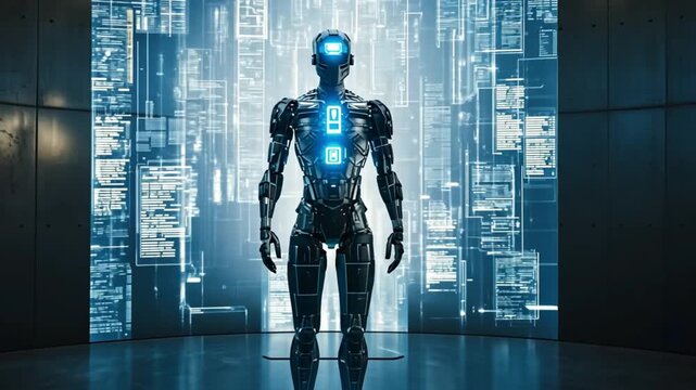 humanoid robot stands in a futuristic blue-lit server room, representing artificial intelligence and advanced technology.