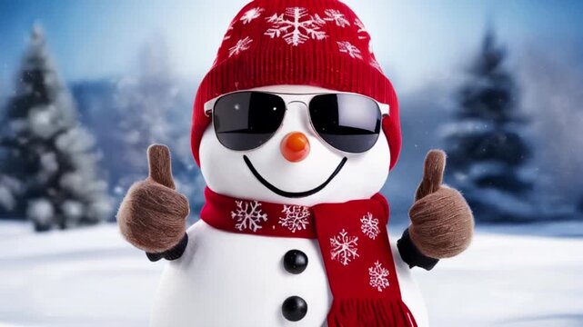 Funny Christmas pet snowman wearing sunglasses a red knit hat and scarf, snowflakes - with , shirt and bow tie, giving thumb up, standing in a snowy winter landscape created with generative ai	
