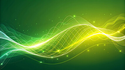 Abstract green background with glowing lines and waves. Vector Illustration.