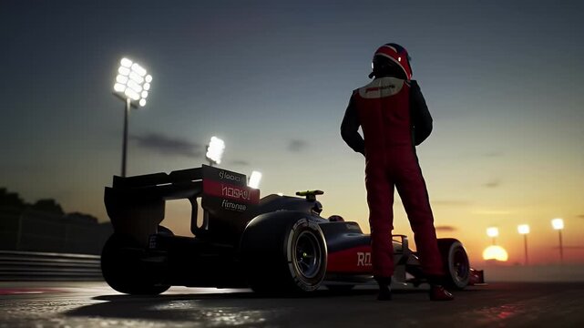 Racing driver in red suit stands by a Formula 1 car on a track at dusk with stadium lights illuminating the scene