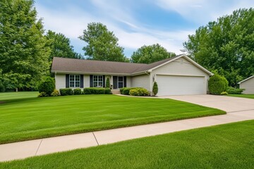 Fototapeta premium A well-maintained suburban house with a manicured lawn, surrounded by trees and a clear blue sky.