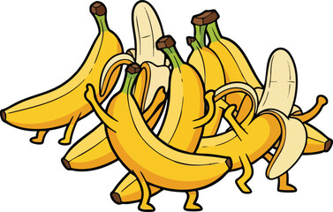 Group Of Happy Yellow Bananas Dancing In A Pile With Arms And Legs On White Background Simple Cartoon Style
