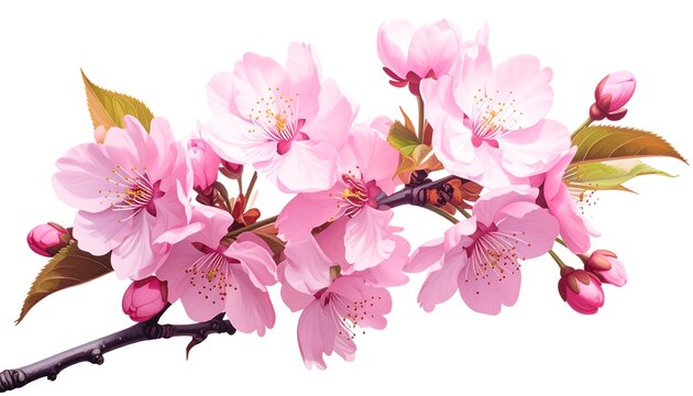 Close-up view of delicate pink flowers blooming on a branch with green leaves and buds against a transparent background