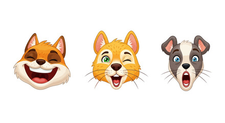 Fototapeta premium Cartoon animal faces making human-like funny expressions such as laugh, wink, and surprise.