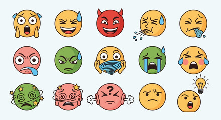 Obraz premium Vector emoji set showing weird, exaggerated, and humorous reactions for chat or social media.