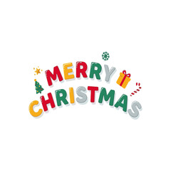 Playful 3D Merry Christmas Bubble Text: Colorful, Cartoonish Typography with Christmas Tree, Gift Box, Candy Cane, and Snowflake for Fun Kids' Holiday Card and Banner Design.