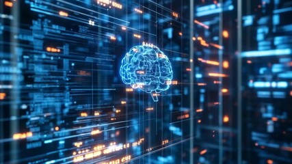 interior view of a futuristic data center with rows of server racks illuminated by glowing blue lights - Powered by Adobe