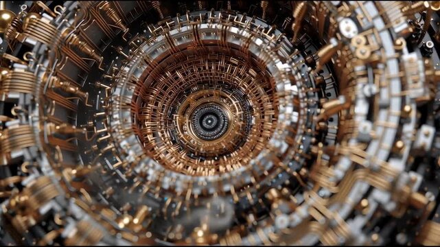 Rare earth metal components electronics form intricate circular structures and patterns with metallic and copper tones, showcasing advanced technology