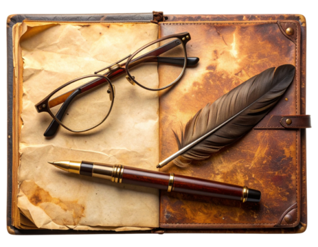 Vintage writing set with glasses feather quill and pen on aged paper