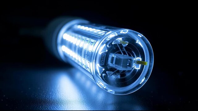 Rare earth elements electronics enable energy efficient LED light with bright cool blue glow and modern cylindrical technology design for advanced