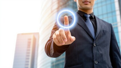 Business Professional Interacting With Digital Interface Against Urban Skyline