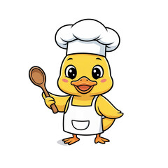 yellow cartoon duck chef wearing chef hat holding a wooden spoon, cute chibi character, digital illustration, 3d render