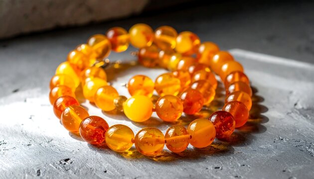 A close-up shot of a strand of smooth, translucent beads in warm amber hues, lying on a textured surface