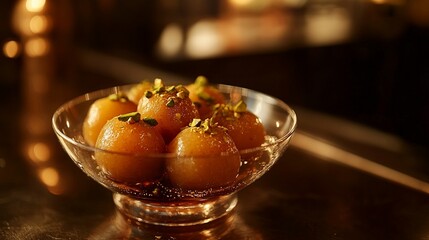 Soft and golden Gulab jamun soaked in sugar syrup, arranged in a glass bowl and crushed pistachios on top, styled with warm lighting.