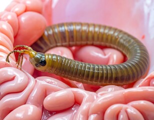 A close-up view presents a segmented, brown-bodied arthropod nestled within a fleshy, pink, organ-like structure