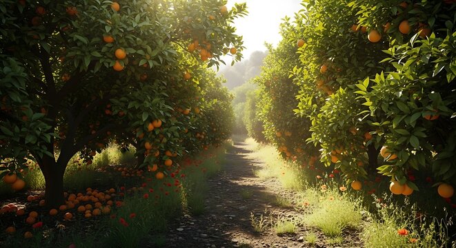 Sunlit Orange Grove Path with Ripe Citrus Fruits.