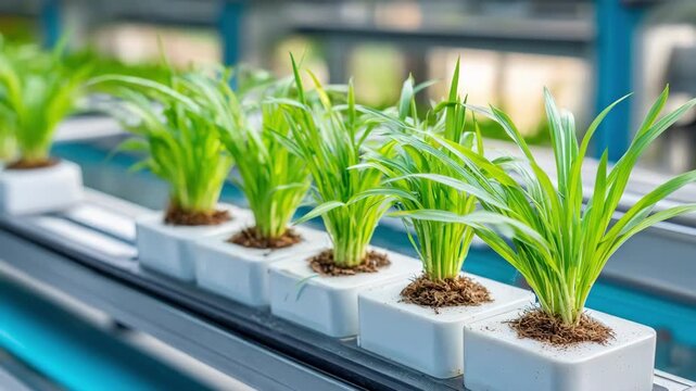 Medium shot of oats growing in a hydroponic fodder system focusing on vibrant young plants thriving without soil.