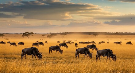 Wildebeest grazing in the golden light of the African savanna at sunset.