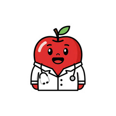 cartoon character, smiling apple wearing doctor's white coat, medical doctor, medical professional, cute, whimsical, digital art, colorful, bright, vector illustration