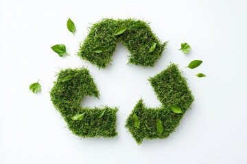 A circular arrangement of green grass and leaves forming a recycling symbol, emphasizing sustainability and environmental awareness.