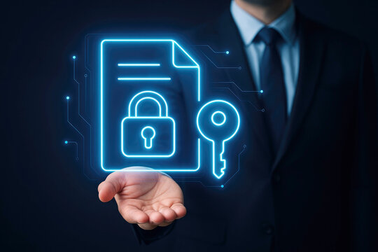 Businessman holding digital document security icon with lock and key representing data protection privacy