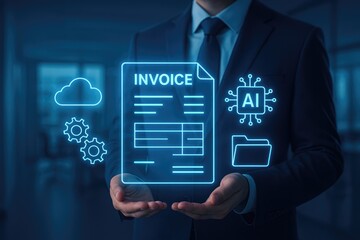 Businessman presenting AI powered invoice processing with cloud storage and data management icons artificial intelligence