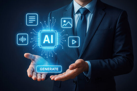 Businessman presenting AI chip with surrounding icons for audio,  text, and video generation hands - Powered by Adobe