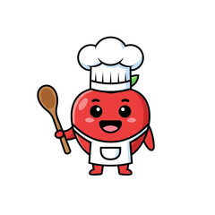cute red chef character, chibi style, smiling, holding wooden spoon, wearing chef hat, cartoon illustration