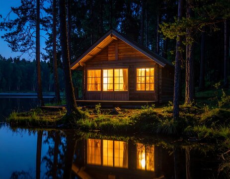 A cozy wooden cabin illuminated at night, nestled near a tranquil lake within a dense forest reflecting its warmth