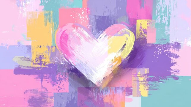Colorful abstract heart painting with pastel brush strokes in pink, purple, and yellow tones, modern romantic artwork with textured artistic background