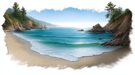 Scenic coastal landscape painting of peaceful beach with turquoise waves, rocky cliffs and pine trees under clear blue sky
