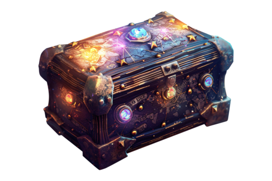 Fantasy treasure chest glowing with colorful magical lights and gems, isolated on white background.