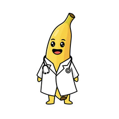 cute cartoon banana character in doctor's coat, smiling, holding stethoscope, whimsical digital illustration