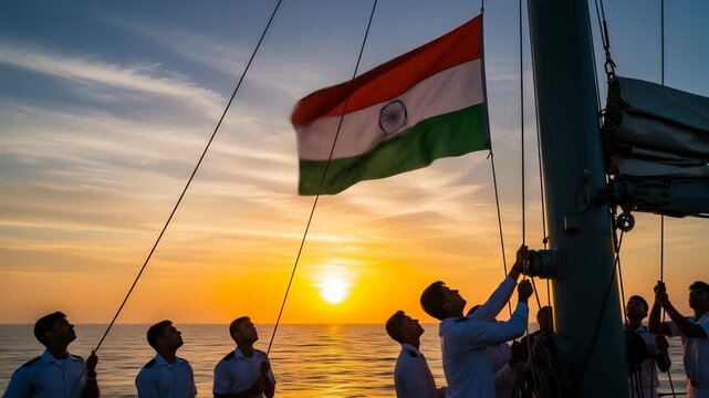 Indian Navy Day Celebration Sailors Hoisting Tricolor Flag on Ship Deck at Sunset, Maritime Pride