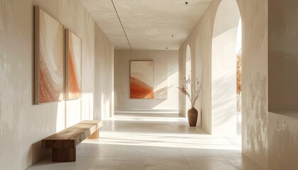 Obraz premium Sun-drenched minimalist corridor with abstract art on display, showcasing a serene and modern architectural design with long shadows