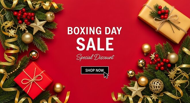 Festive Boxing Day Sale Banner with Gift Boxes and Holiday Decorations on Red Background