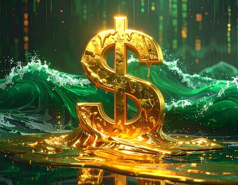 A golden dollar sign melts into liquid gold, amid emerald waves and a digital rain backdrop